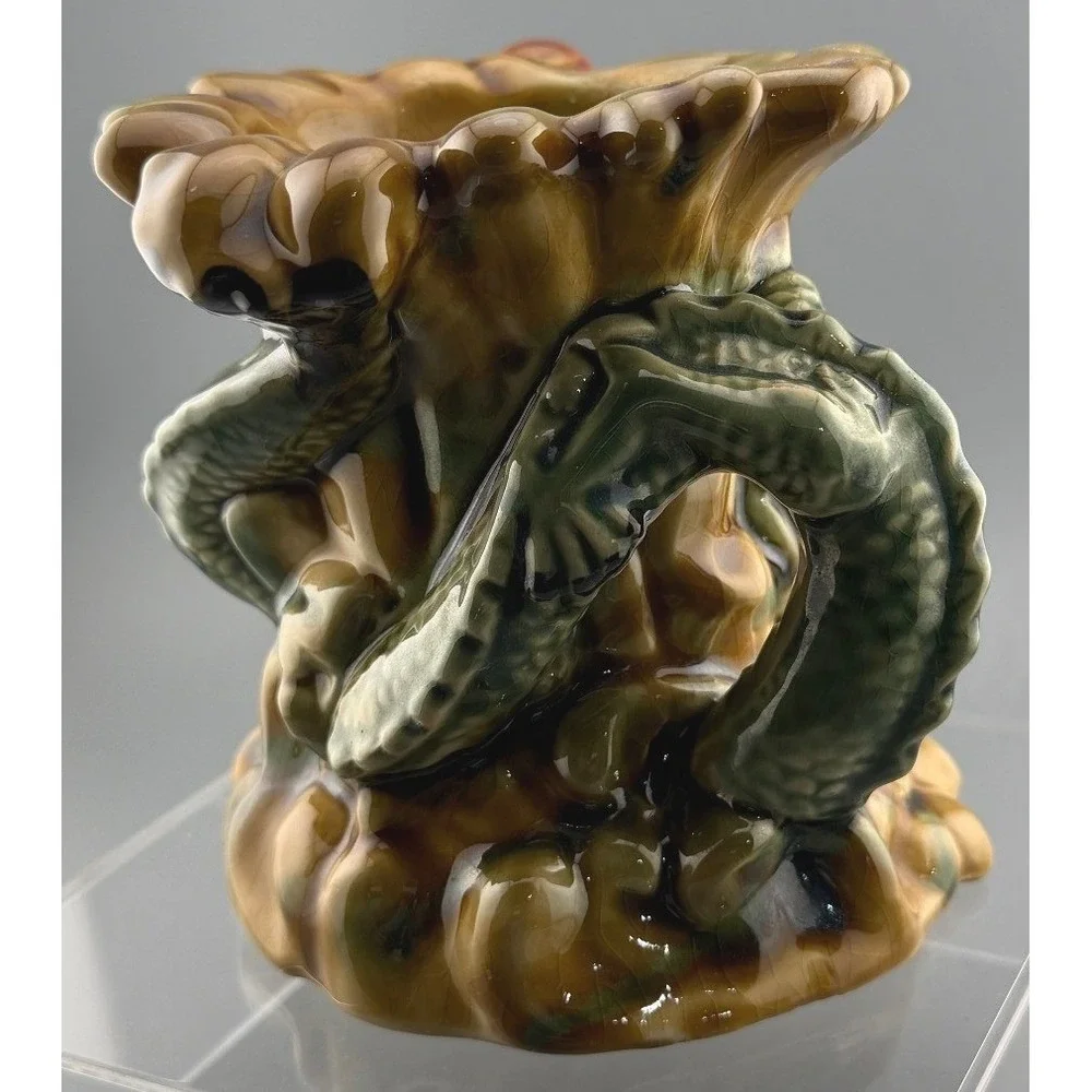 Vintage Dragon Vase Figural Art Pottery Majolica Style Green Brown Ceramic 5